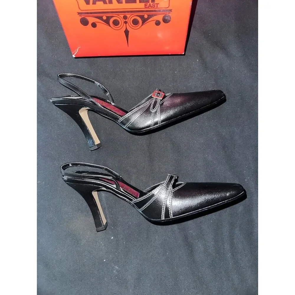 No.39 VanEli East Black Calf Leather Slingback Heels with Buckle Detail